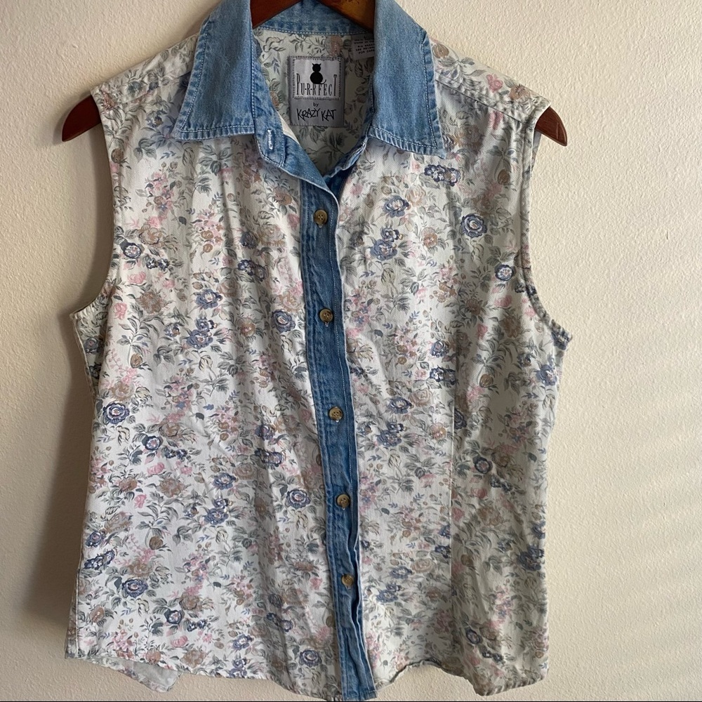 Vintage Denim Pastel Floral Printed Sleeveless Shirt Krazy Kat Purrfect 90’s - Picture 10 of 10